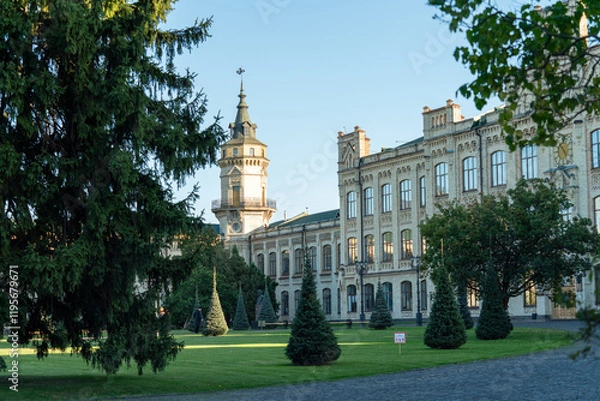 Fototapeta Facade of the main building of National Technical University of Ukraine "Igor Sikorsky Kyiv Polytechnic Institute" and the park in front of it.
