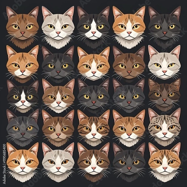 Fototapeta Adorable Cats of Different Breeds with Soft Fur, Drawn in Various Colors Covering Entire Page, Cute and Charming Illustration