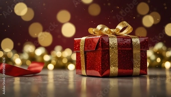 Obraz A festive gift box with gold ribbon sits against a bokeh background. 