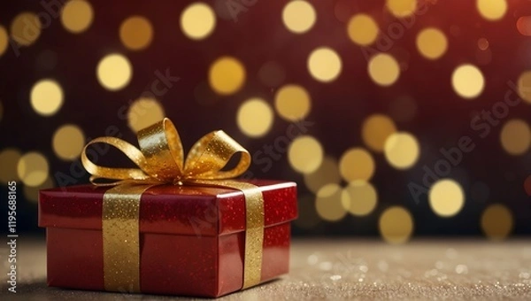 Obraz A red gift box with a gold ribbon sits on a wooden surface, in front of a blurred background of golden lights.