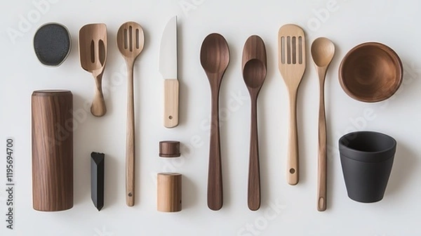 Fototapeta A flat lay of kitchen utensils arranged neatly on a white background, emphasizing their functionality