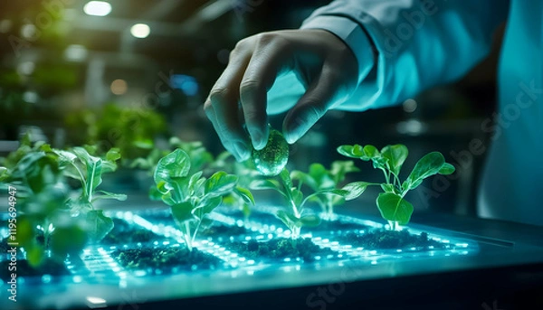 Fototapeta A professional showcasing innovative plant technology with holographic features, representing sustainability and growth in business