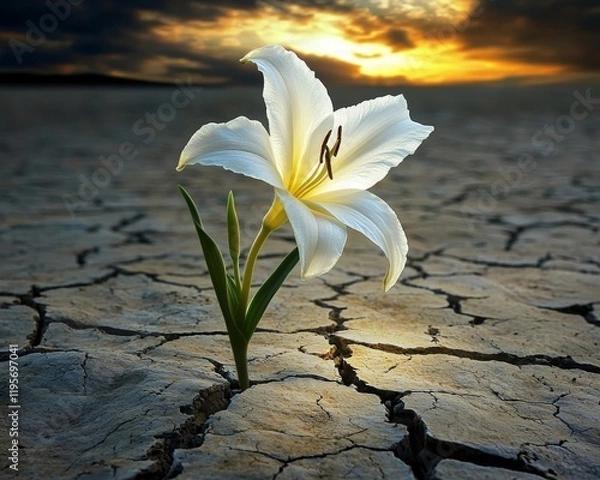 Obraz A solitary white lily blooms amidst cracked earth, symbolizing resilience and beauty in a harsh environment under a dramatic sunset.