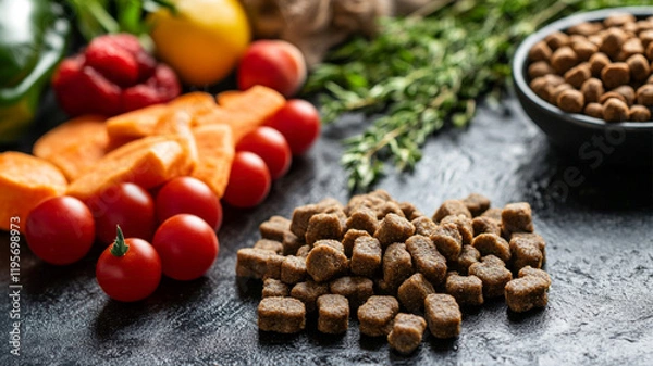Fototapeta A close-up of the ingredients used in the dog food, showcasing the fresh, natural components.