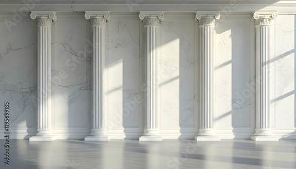 Fototapeta A set of Greek-style white marble columns on the right side of an empty wall