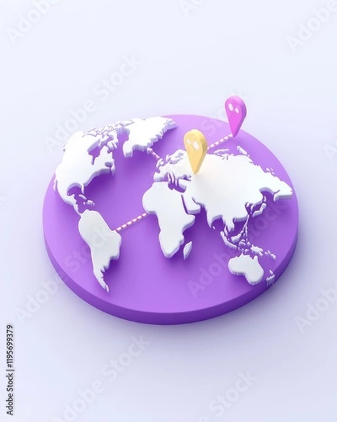 Obraz A stylized globe with a purple base, featuring white continents and colorful location pins, representing global connectivity and navigation.