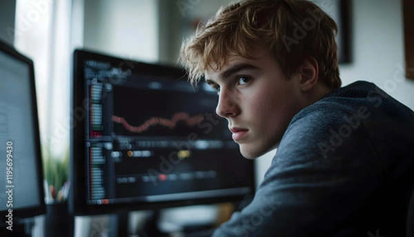 Fototapeta A side-view photo of a young man in his mid-20s sits and stares at the computer, looking intently into the camera as he parts ways with an online trading platform and walks away from it