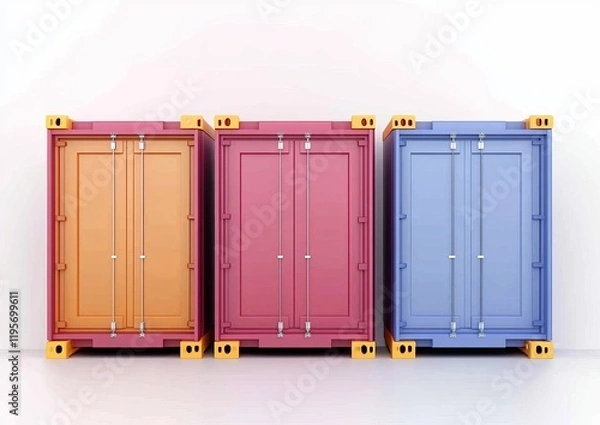 Fototapeta Three colorful shipping containers in orange, pink, and blue against a white background, showcasing modern storage solutions.