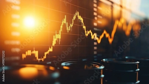 Obraz Barrels of oil are arranged in a factory, with warm golden light casting a glow and a financial graph projected showing rising trends in oil prices