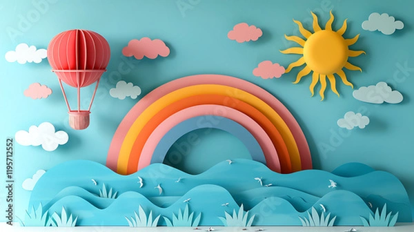 Fototapeta Colorful whimsical scene with a hot air balloon, a rainbow, a sun, clouds, and waves, all created in a paper-cut style, making it visually appealing and playful.
