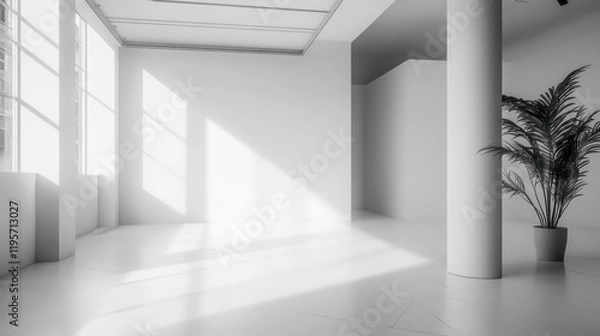 Fototapeta clean, white studio room with white walls and a corner-tiled floor, providing a minimalist, luxury interior perfect product display. The empty space offers a versatile backdrop for commercial use