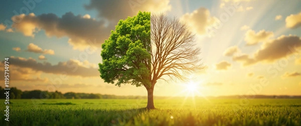 Fototapeta Cognitive dissonance represented by a tree split between vibrant green foliage and barren branches, evoking a feeling of contrast and conflict against a serene sunset background