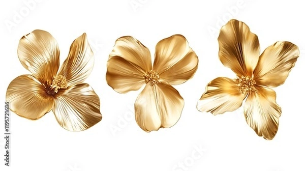 Fototapeta Three golden flowers, isolated, white background, design element