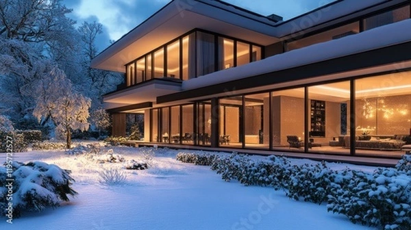 Fototapeta Elegant modern home illuminated at dusk with fresh snow covering the landscape in winter. Generative AI