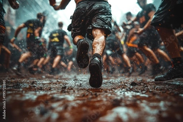 Fototapeta Participants run through muddy terrain during a challenging obstacle course event in rainy weather. Generative AI