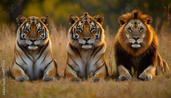 Fototapeta A striking image showing a family of three tigers and one lion positioned closely together. They sit in a calm, majestic manner within a natural habitat setting