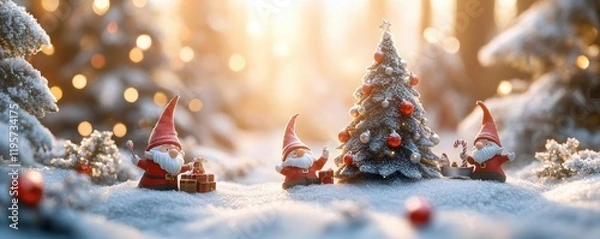 Obraz Festive gnomes celebrating christmas in snowy forest with decorated trees