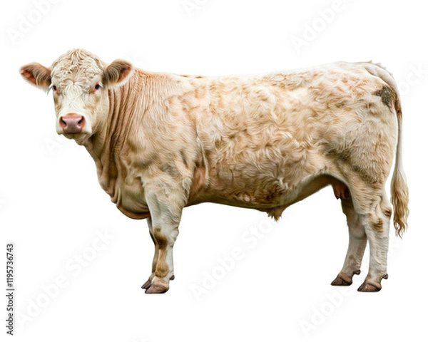 Fototapeta A full body side view of an Australian cow with white hair, standing on a white background. The cow is illuminated by soft, natural light.