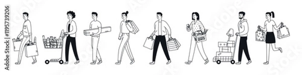 Fototapeta Set of people with shopping carts. Shoppers, consumers with grocery carts and supermarket baskets walking. Customers with purchases, fresh products. Doodle illustration