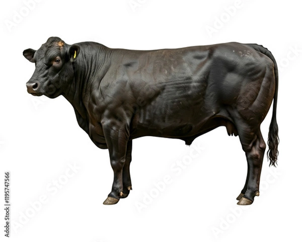 Fototapeta A full-body side view of a sleek, muscular Angus beef, set against a minimalist white background.