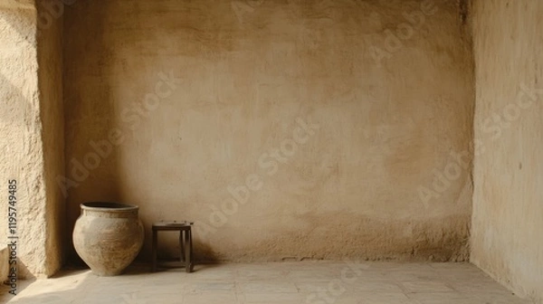 Fototapeta Empty room with clay pot and stool.