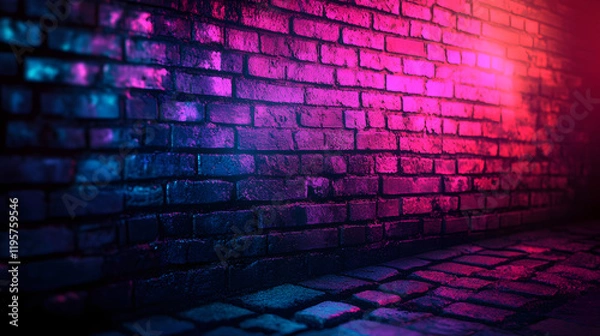 Fototapeta Rays neon light on neon brick wall. Empty scene.