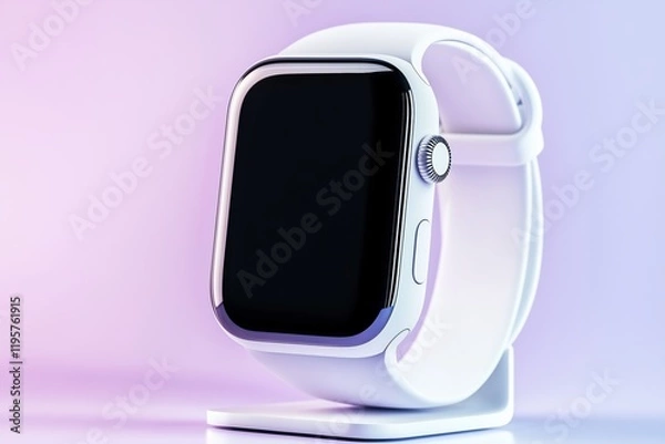 Obraz White smartwatch on a pastel purple gradient background. innovative tech branding
