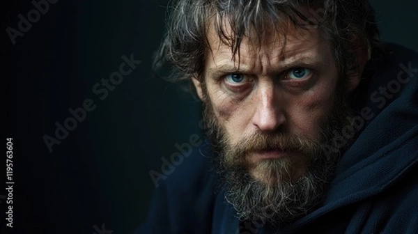 Fototapeta A man with a beard and a hoodie is staring at the camera
