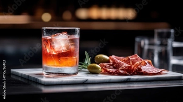 Fototapeta Enjoying a negroni cocktail alongside a selection of artisan charcuterie in a stylish bar setting during the evening hours