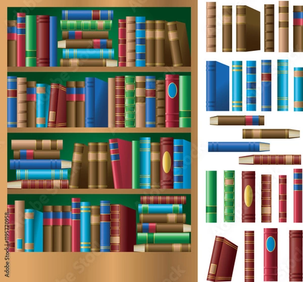 Obraz A vector graphic illustration of a bookshelf with many book spines showing. 
