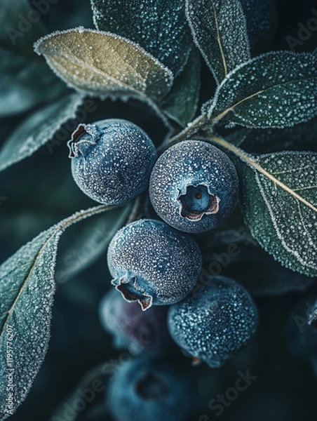 Fototapeta Close-up of frosted blueberries on a branch with textured leaves