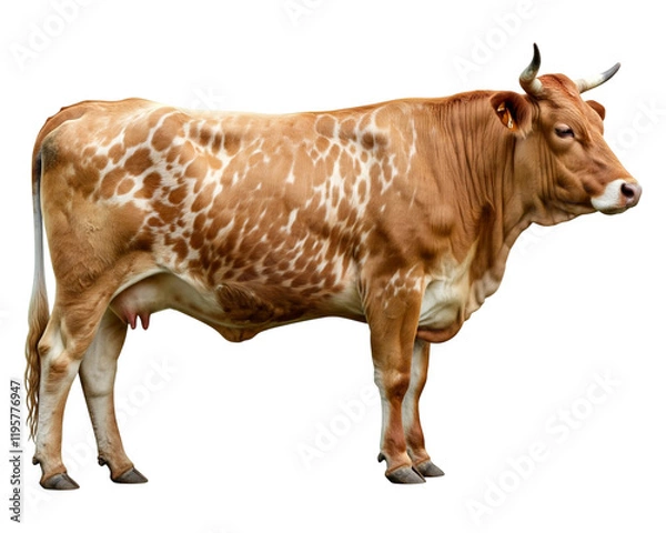 Fototapeta A full body side view of a spotted Limousin heifer with long, graceful horns, standing unblurred against a clean white background.