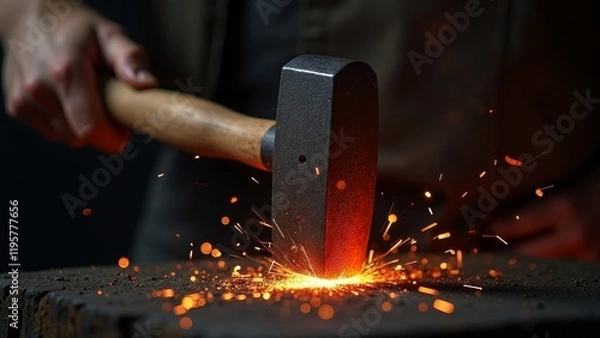 Fototapeta Vivid action shot of hammer striking metal in blacksmith workshop, showcasing bright sparks and craftsmanship.