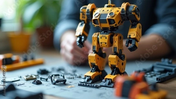 Fototapeta Assembling a Robot Model Kit: Close-Up of Hand Focusing on Detail with Copyspace