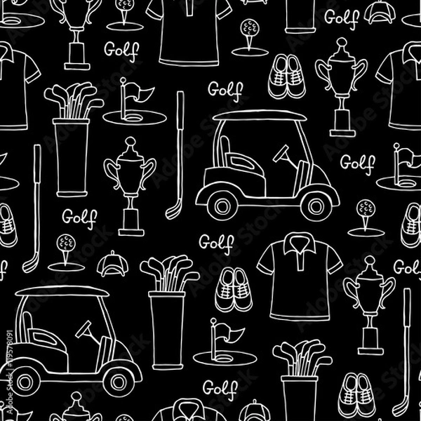 Fototapeta Vector seamless pattern with hand drawn symbols of golf on black color