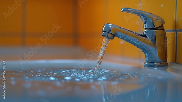 Fototapeta A minimalist representation of water conservation, showing a faucet and a drop of water. Bright lighting, contrast