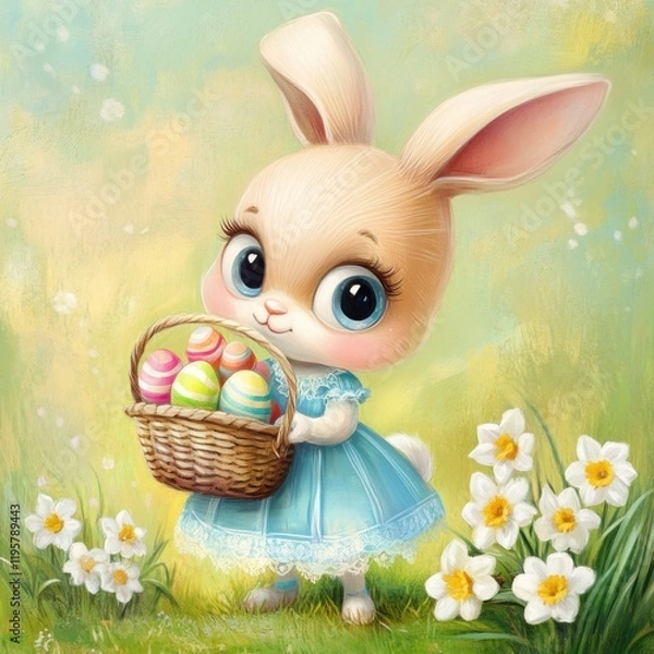 Fototapeta Easter, a cute bunny with big eyes in a blue dress holding an Easter basket full of colorful eggs, surrounded by white daffodils, on a pastel background with soft lighting, in a cartoon style