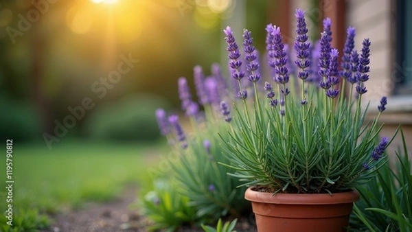 Fototapeta Blooming lavender plants in a clay pot with soft evening light illuminating an urban garden