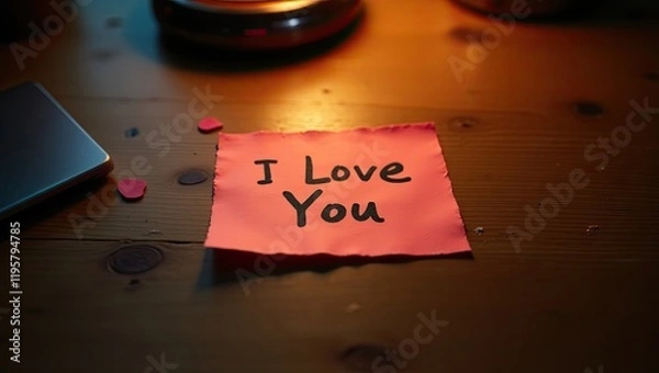 Obraz I love you message, pink sticky note on table, handwritten quotes	