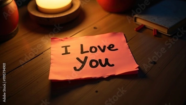 Obraz I love you message, pink sticky note on table, handwritten quotes	
