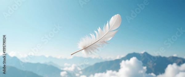 Fototapeta Floating white feather against a serene blue sky and mountainous backdrop, symbolizing peace and emotional intelligence