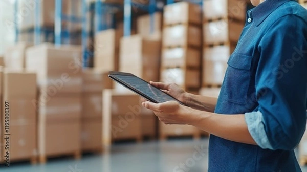 Obraz A worker using a tablet in a warehouse, managing inventory and overseeing operations with efficient technology.