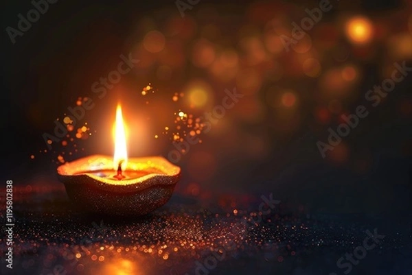 Obraz Happy Diwali  Glittering diya oil lamp against dark background with copy space