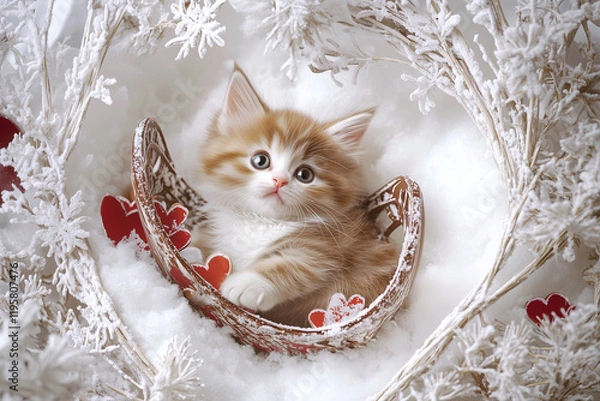 Fototapeta This charming fluffy kitten explores a festive Valentine setup with tiny hearts and soft colors, radiating pure love.