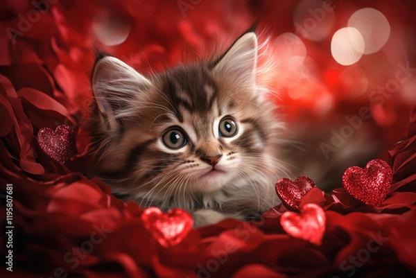 Fototapeta Red hearts, soft lights, and delicate petals frame a fluffy kitten. The cozy charm of this Valentine's scene melts hearts instantly.