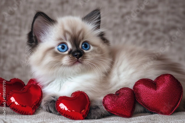 Fototapeta This adorable fluffy kitten curls up in a cozy scene with heart decorations, ready to melt hearts on Valentine’s Day.