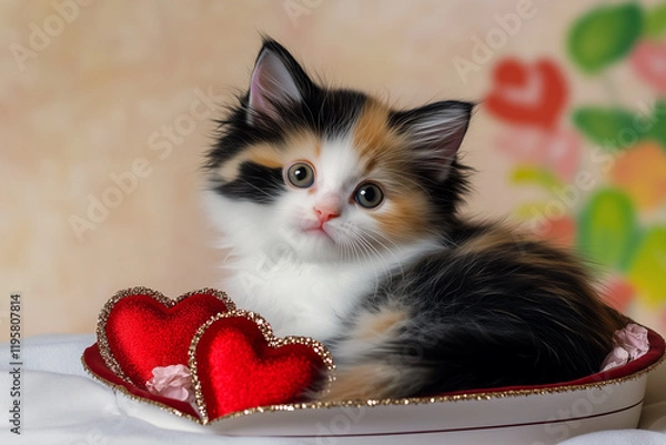 Fototapeta A calico kitten sits proudly in a small dish with glittery hearts. The scene sparkles with love and a touch of Valentine magic.