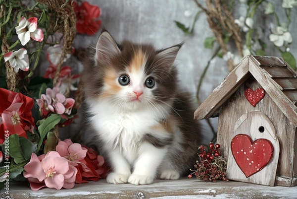 Fototapeta The fluffy kitten nestles in a warm setting, surrounded by hearts and flowers, spreading love with every whisker.