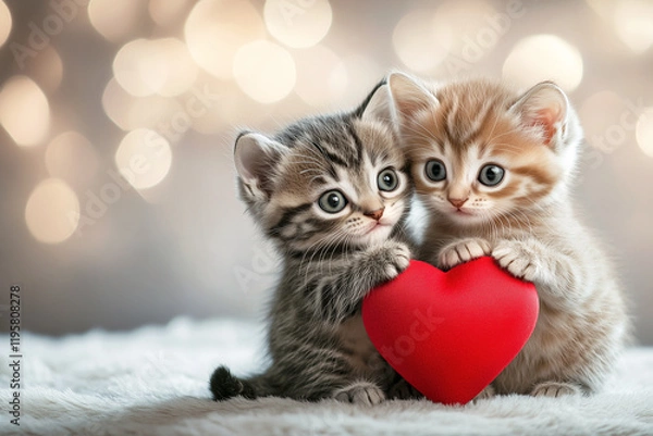 Fototapeta With tiny paws on a single red heart, these kittens create a picture perfect moment of Valentine sweetness.