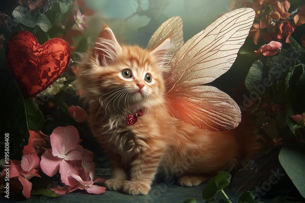 Fototapeta A whimsical kitten with sparkling fairy wings sits among colorful flowers, filling the air with a sense of wonder and enchantment in a beautiful floral haven.